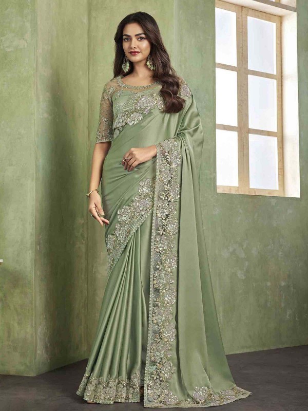 Mint Green Satin Silk Saree